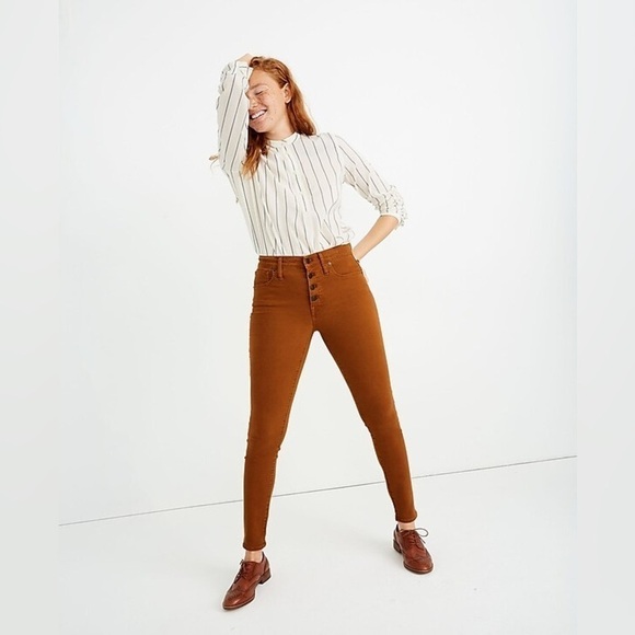 Madewell Denim - Madewell 9" Mid Rise Skinny Jeans: Garment Dyed Button Front Burnt Sienna 25